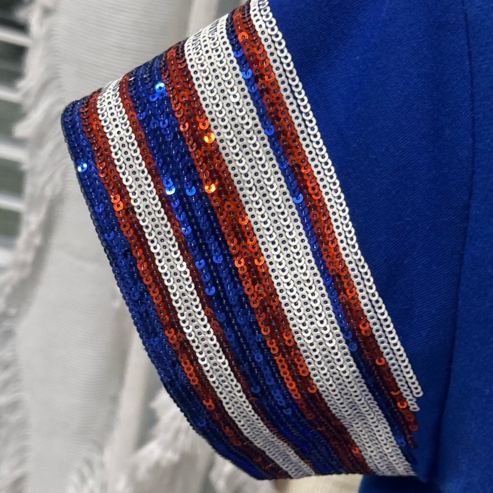 Gameday Blue Orange Sequin Sleeve Top Split Neck XS NWT - Picture 6 of 13